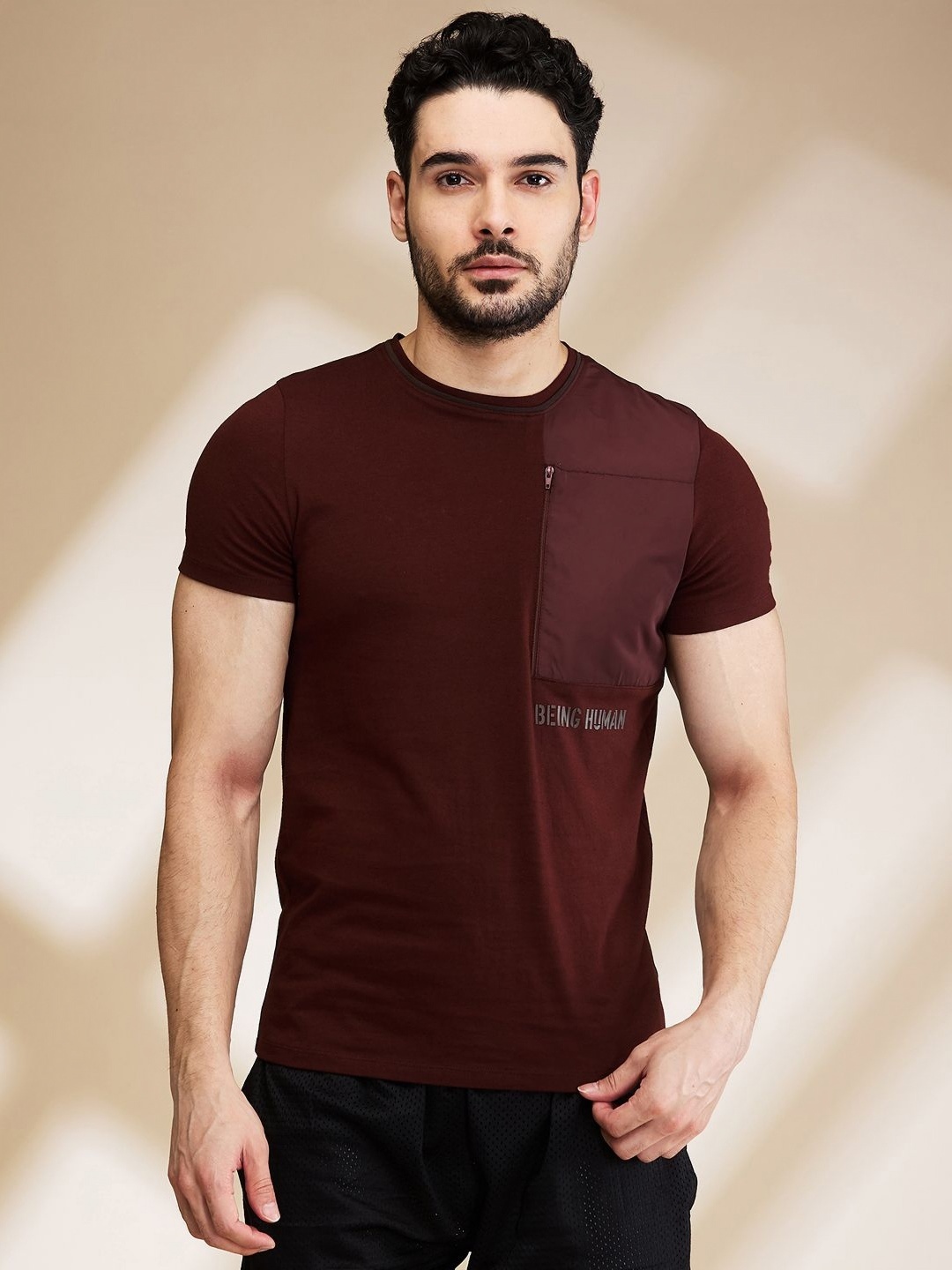 

Being Human Men Henley Neck Pockets Slim Fit T-shirt, Brown