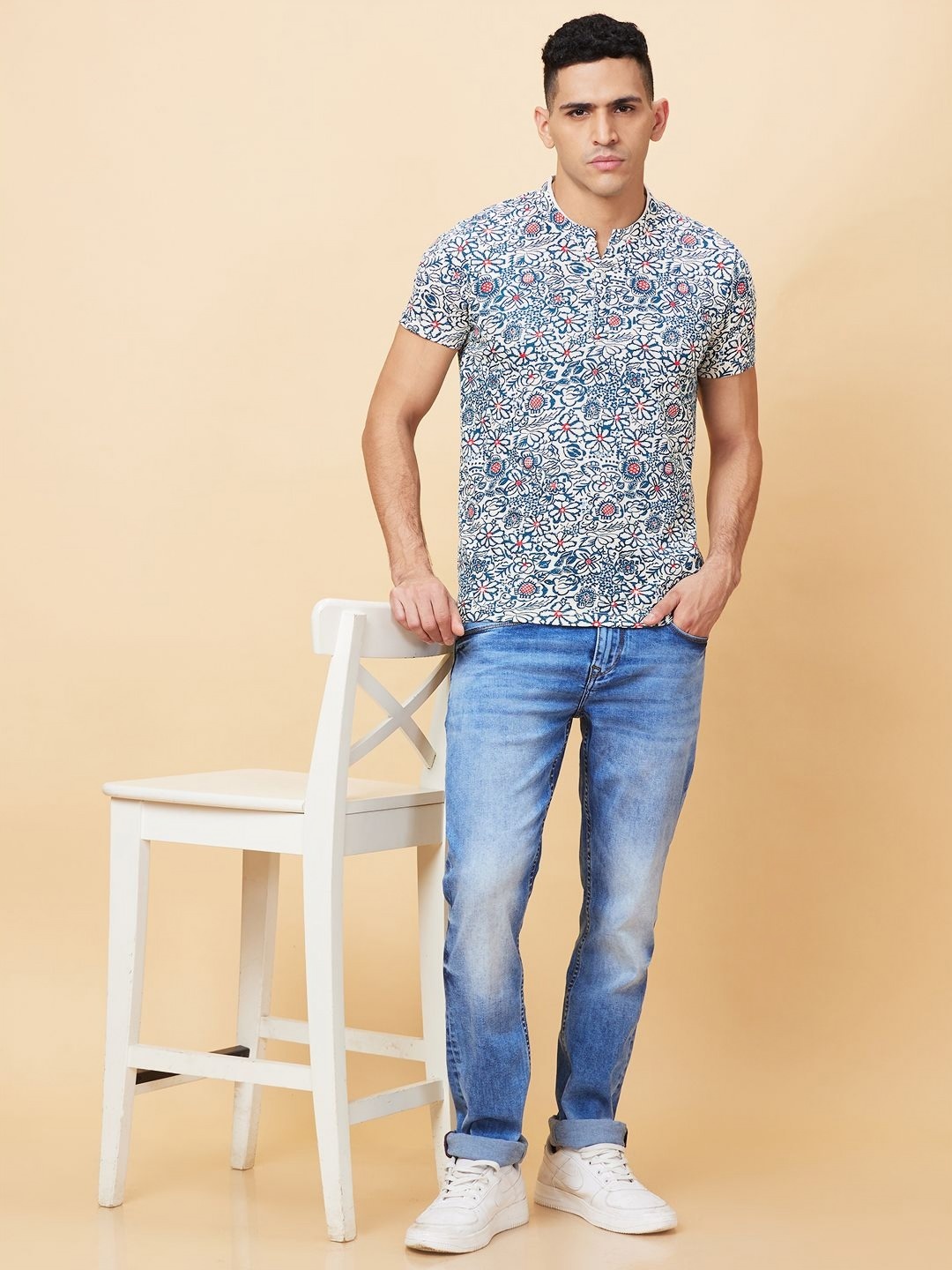 

Being Human Men Printed Mandarin Collar Pockets T-shirt, Grey