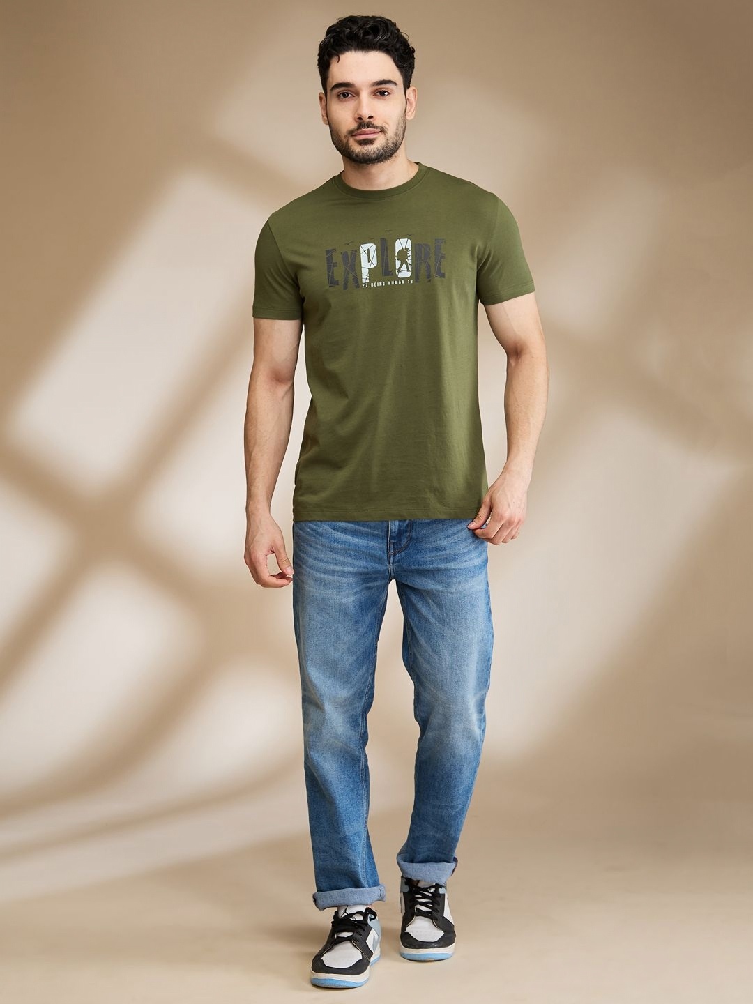 

Being Human Men Typography Printed Applique T-shirt, Green