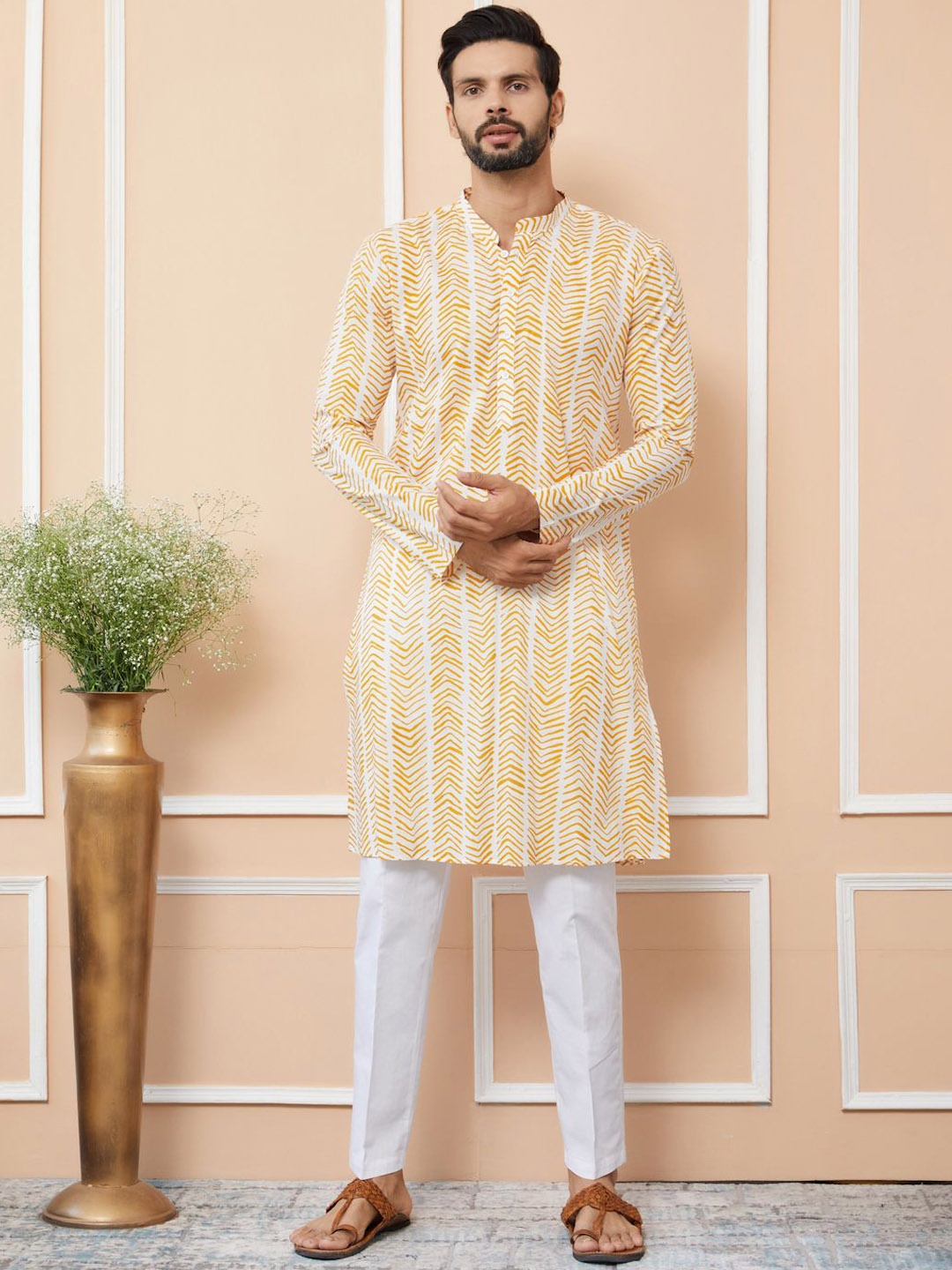 

See Designs Men Striped Anarkali Kurta, Yellow