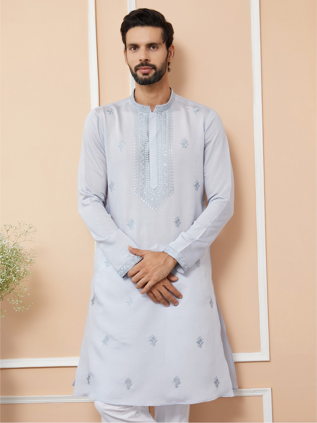 

See Designs Men Embroidered Chikankari Pathani Kurta, Blue