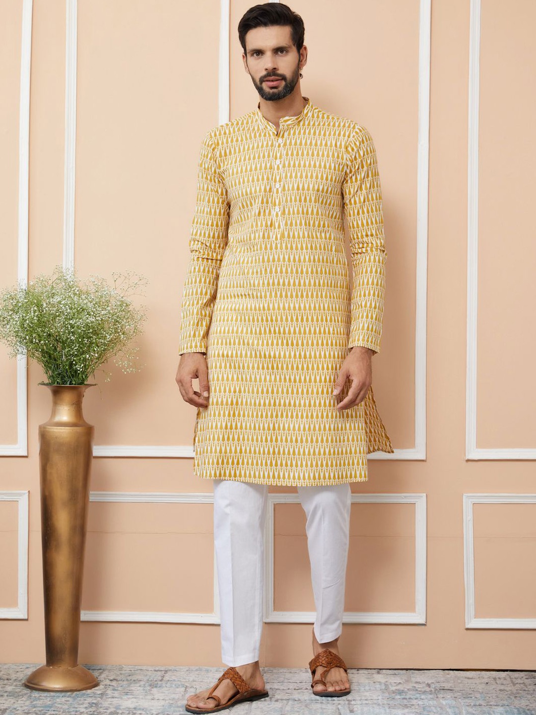 

See Designs Men Geometric Checked Thread Work Kurta, Yellow