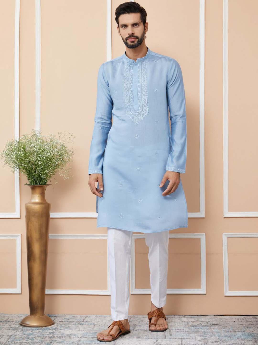 

See Designs Men Thread Work Kurta, Blue