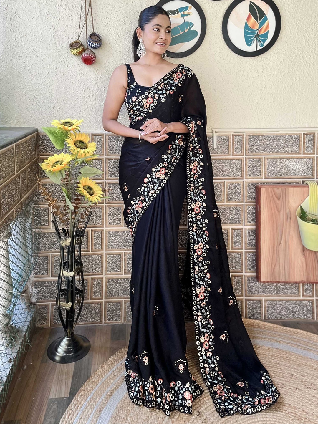 

Panzora Embellished Sequinned Satin Saree, Black