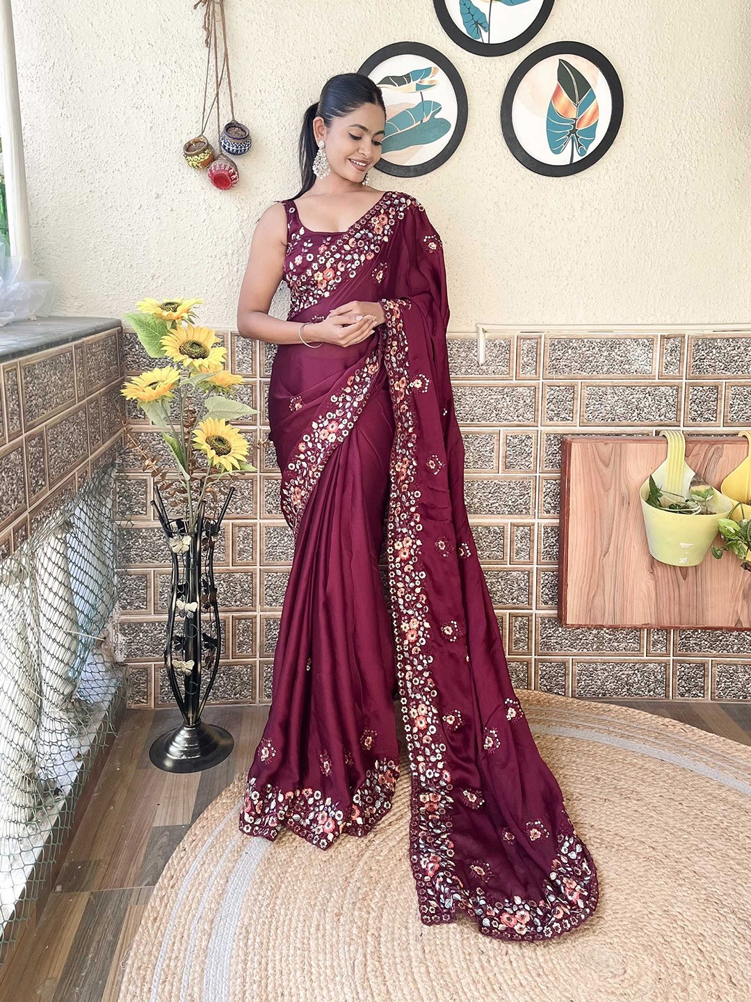 

Panzora Floral Sequinned Satin Saree, Purple