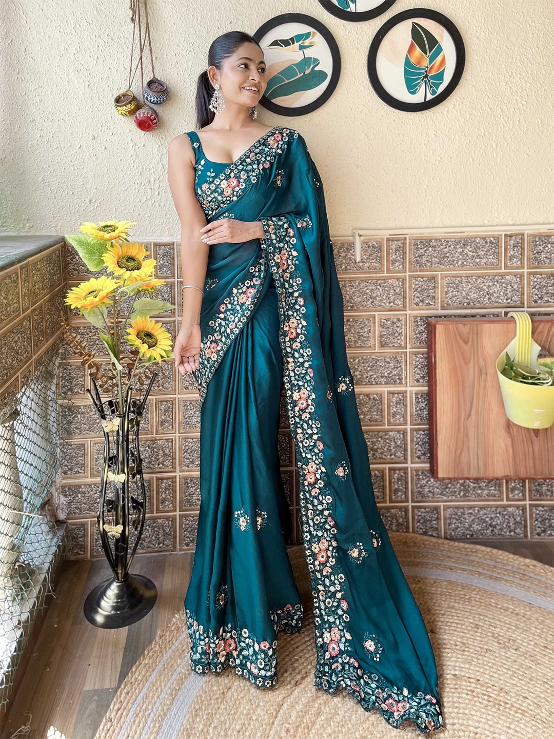 Panzora Floral Sequinned Satin Saree, Teal
