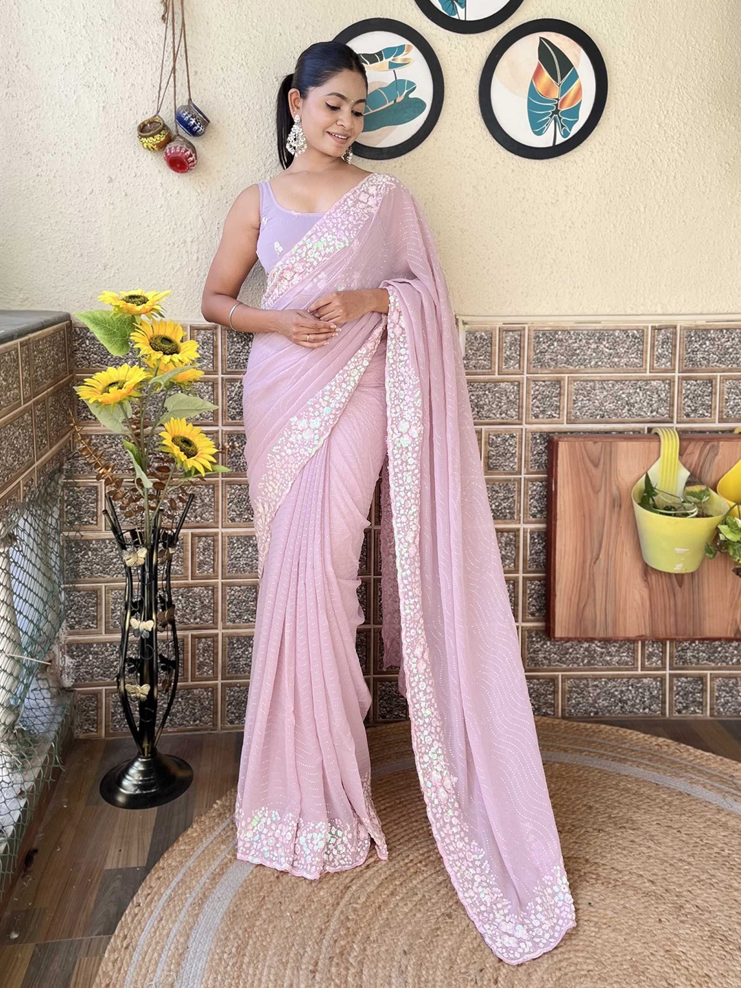 

Panzora Embellished Sequinned Poly Georgette Saree, Lavender