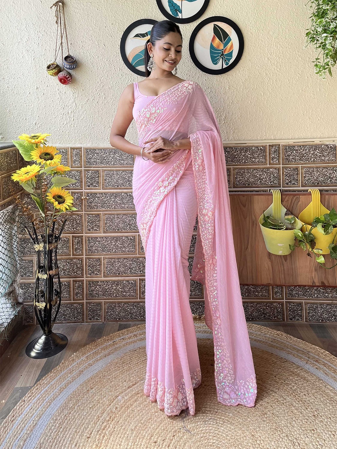 

Panzora Embellished Sequinned Poly Georgette Saree, Pink