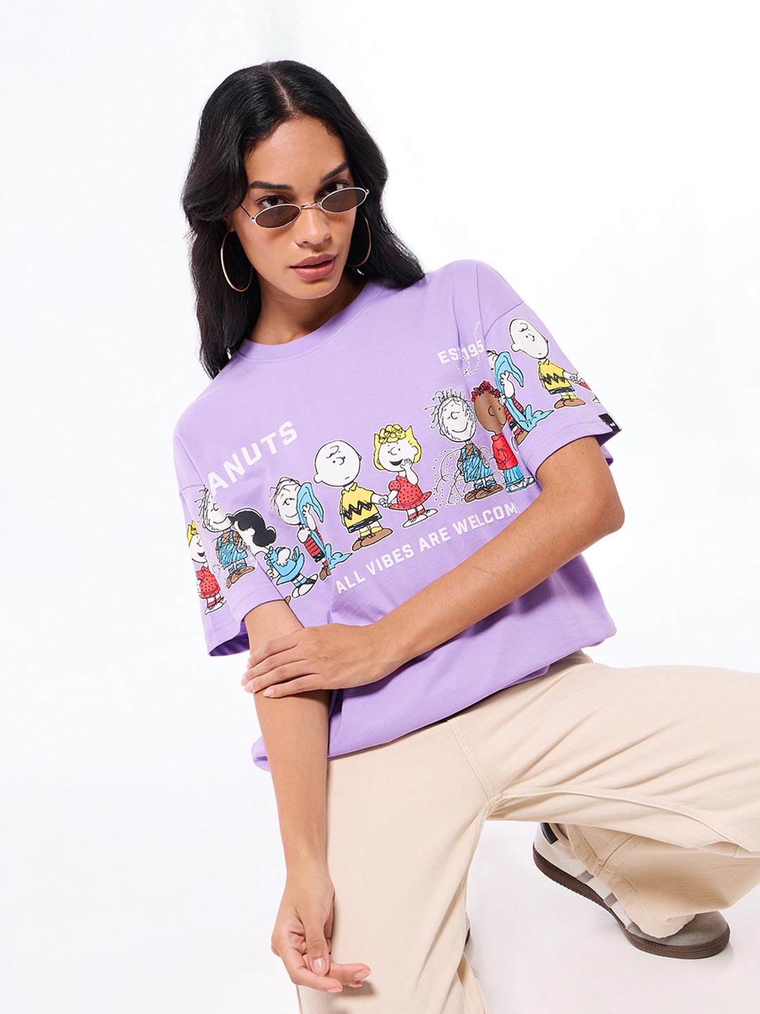 

Bewakoof Women Peanuts Graphic Printed Pure Cotton Oversized Fit T-shirt, Purple