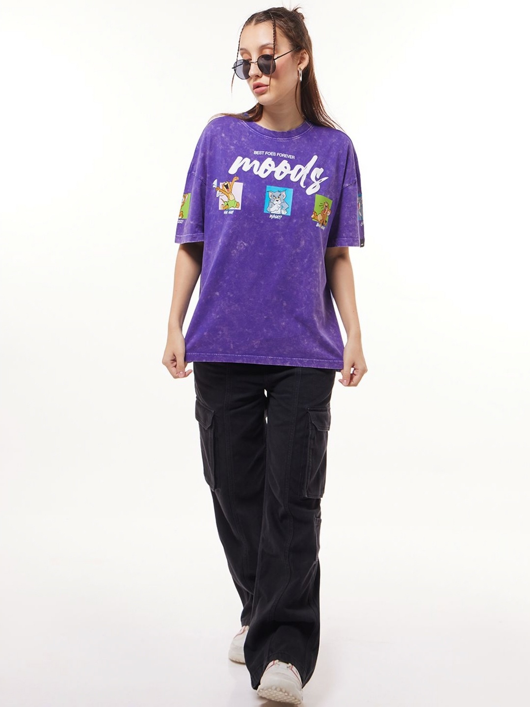 

Bewakoof Women Graphic Tom & Jerry Printed Oversized Pure Cotton T-shirt, Blue