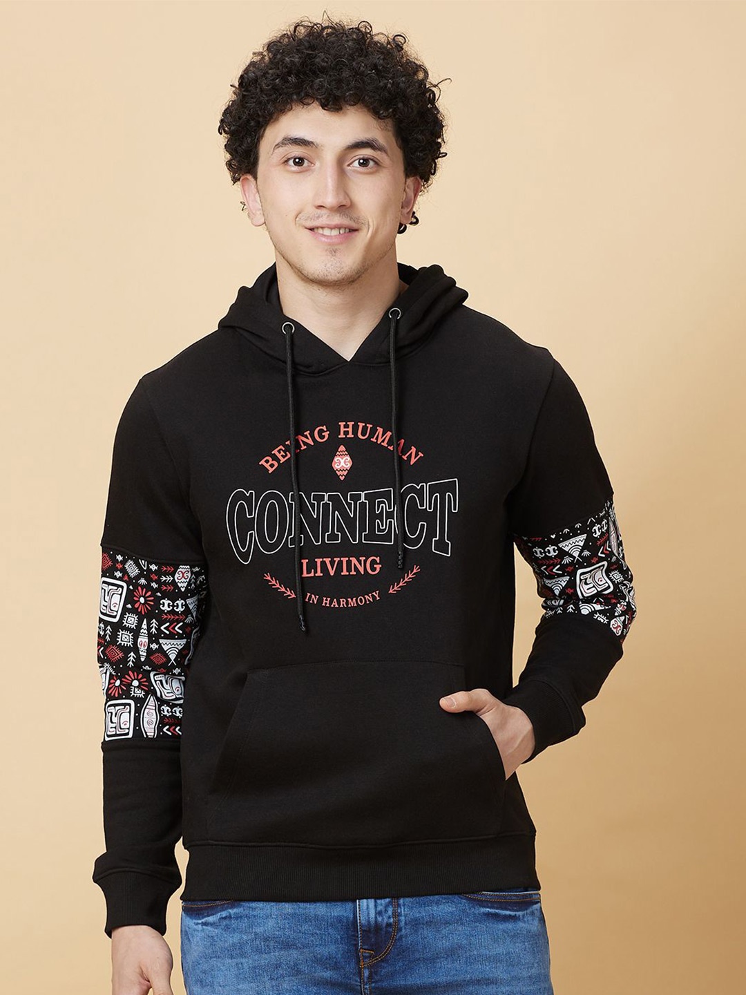 

Being Human Printed Hooded Sweatshirt, Black