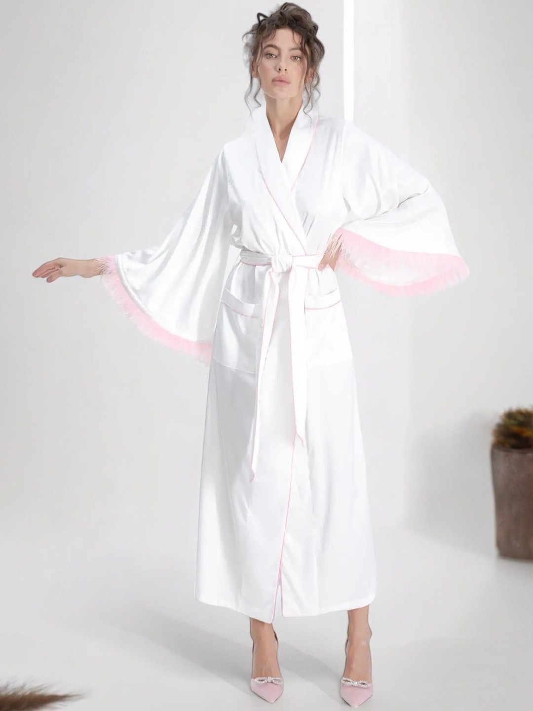 

Bella Babe by SK Long Robe With Piping & Fur, White