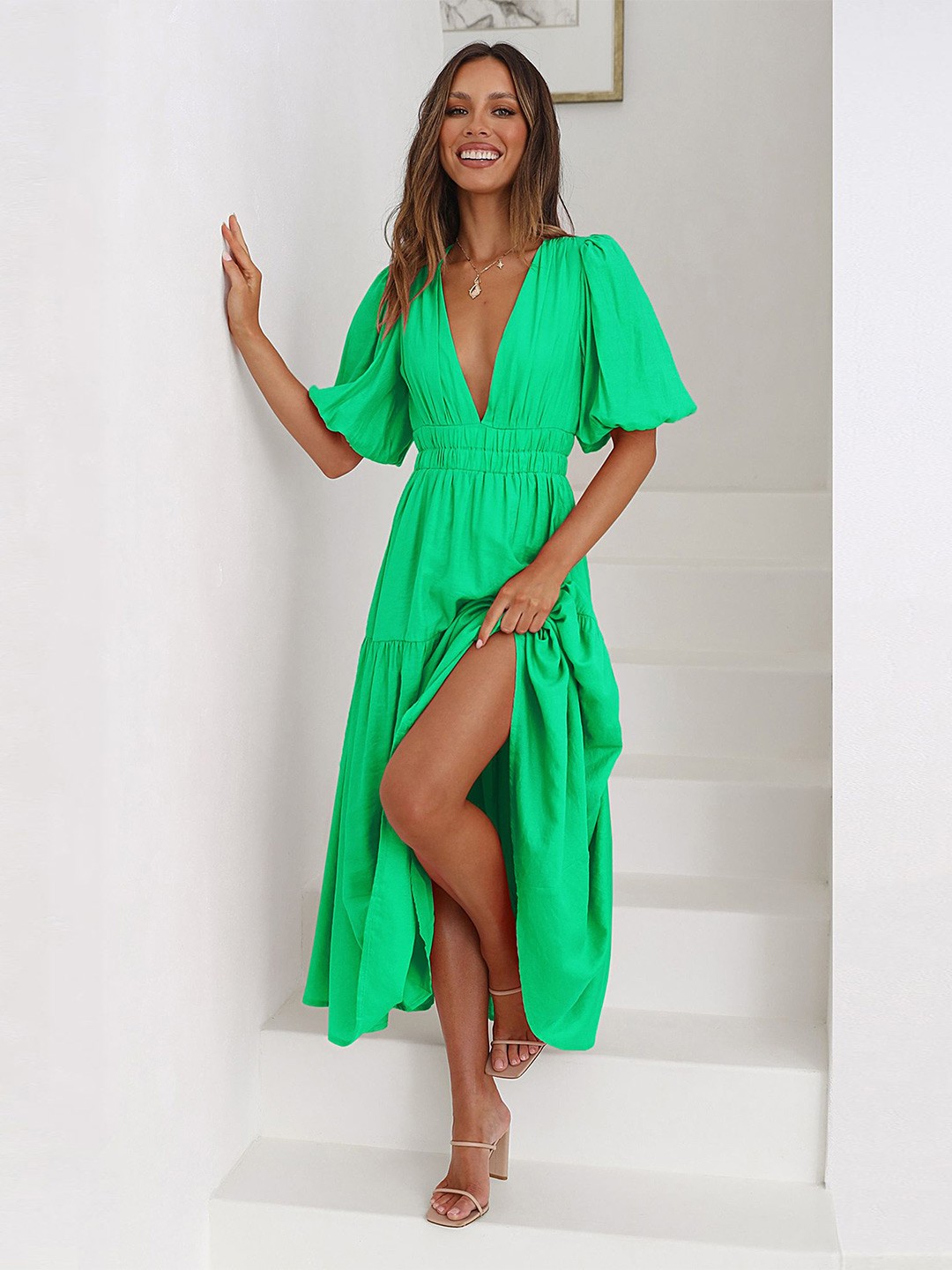 

LULU & SKY Flared Sleeve Fit & Flare Midi Dress, Green