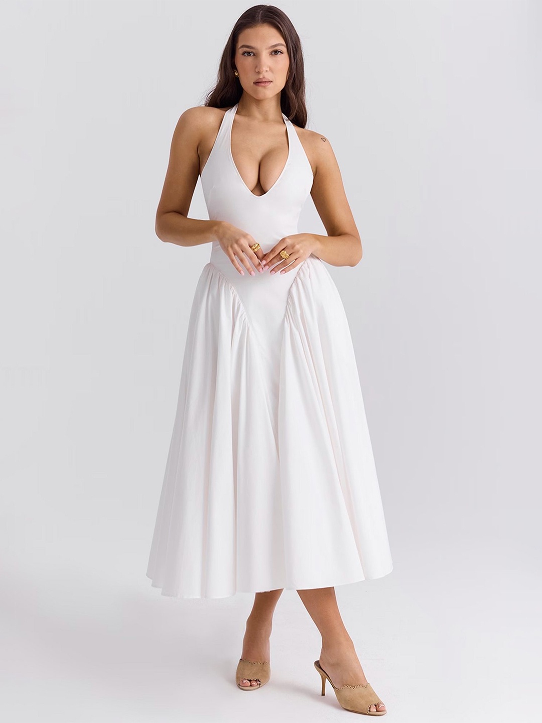 

LULU & SKY Halter Neck Fit & Flare Midi Dress, White
