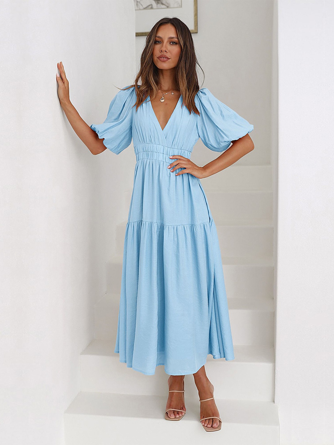 

LULU & SKY Flared Sleeve Fit & Flare Midi Dress, Blue