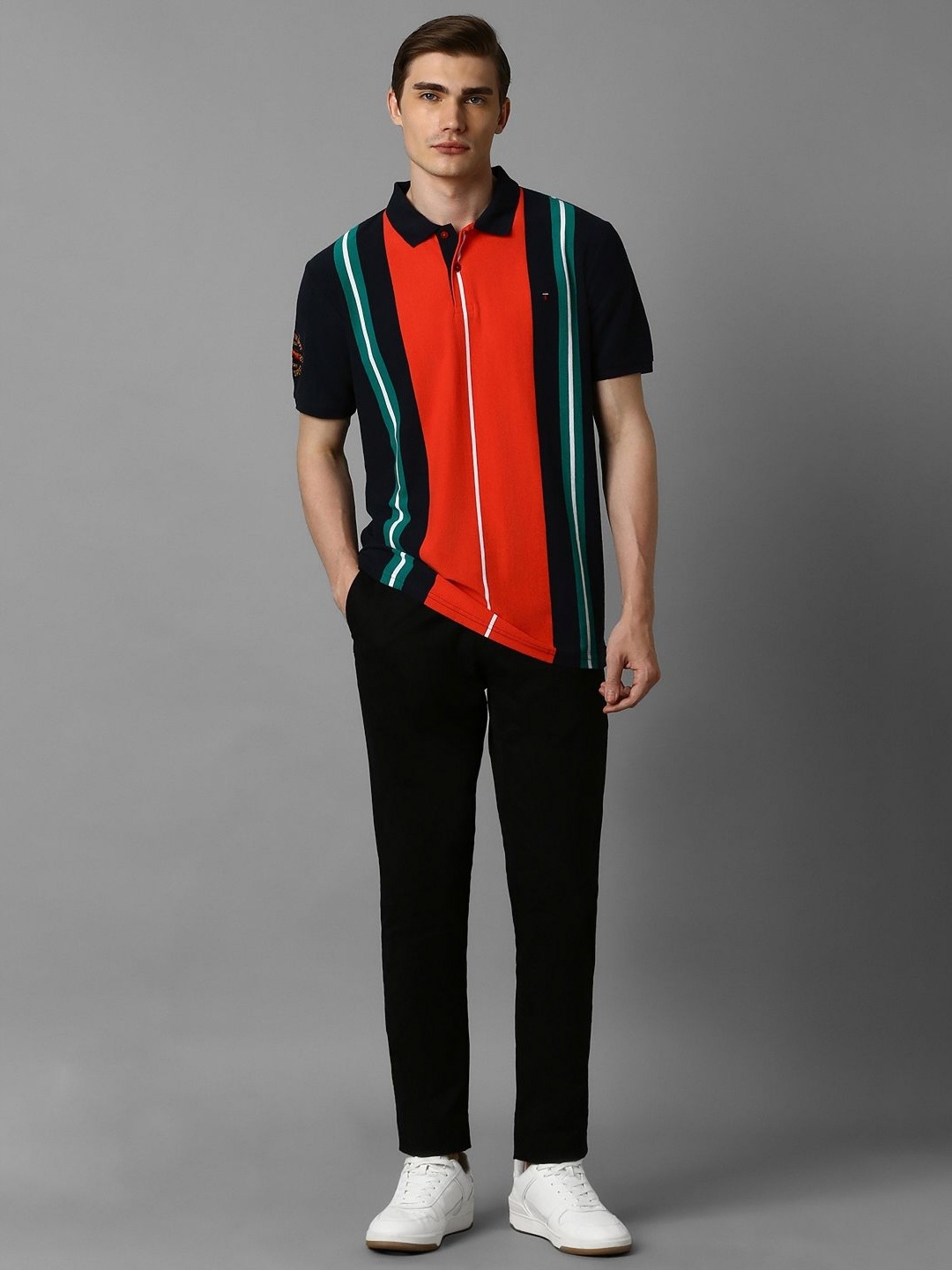 

Louis Philippe Sport Men Striped Polo Collar Applique Slim Fit T-shirt, Multi