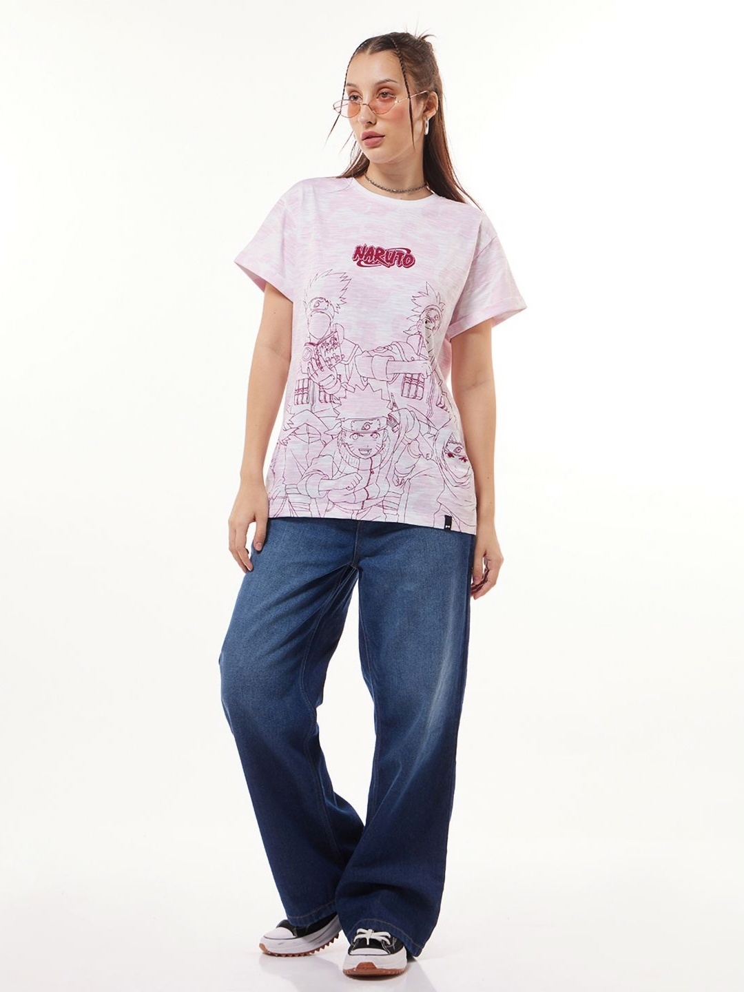 

Bewakoof Air 1.0 Women White & Pink Naruto Graphic Printed Boyfriend T-shirt