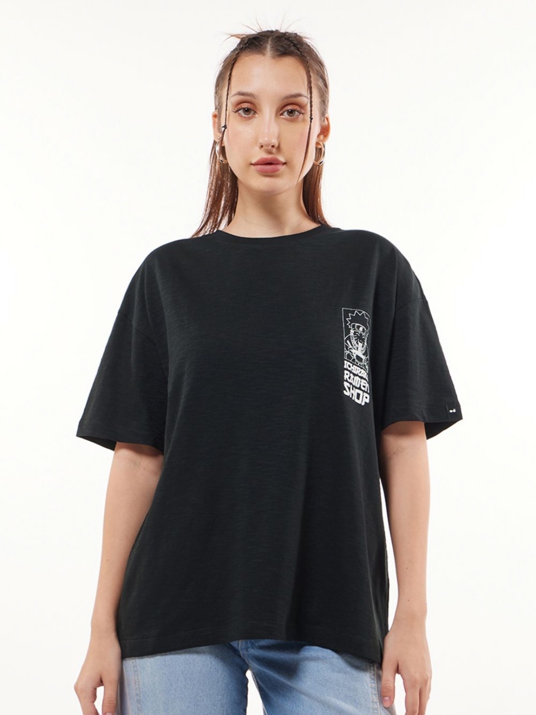 

Bewakoof Air 1.0 Women Black Ichiraku Ramen Shop Graphic Printed Oversized T-shirt