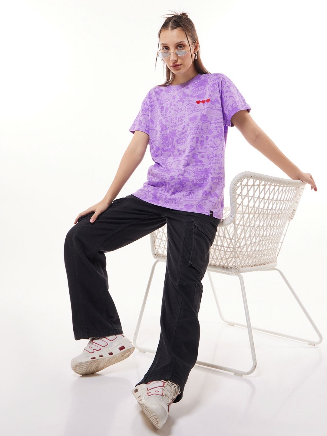 

Bewakoof Air 1.0 Women Purple All Over Printed Boyfriend T-shirt