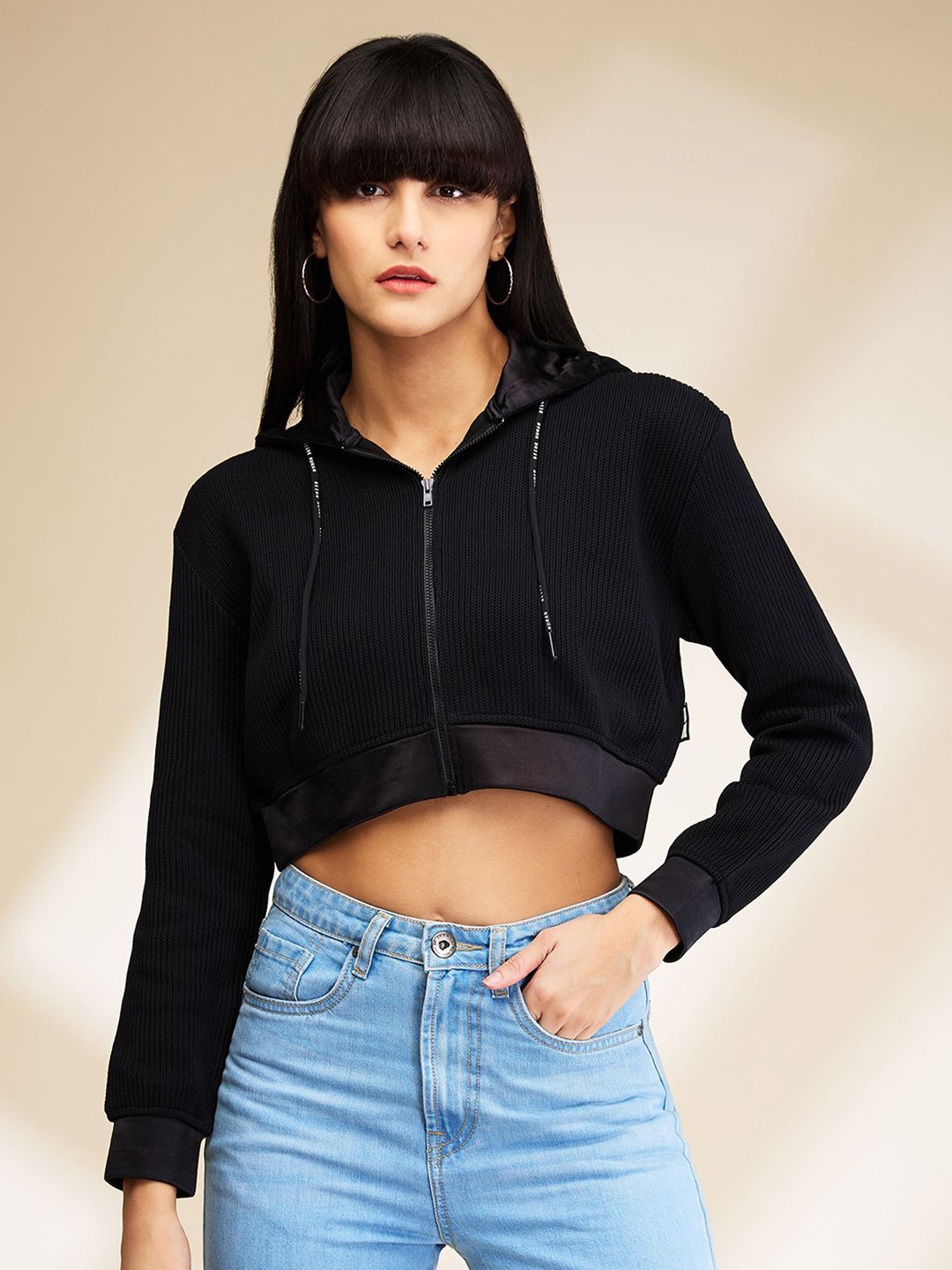 

Being Human Hooded Crop Front-Open Sweatshirts, Black