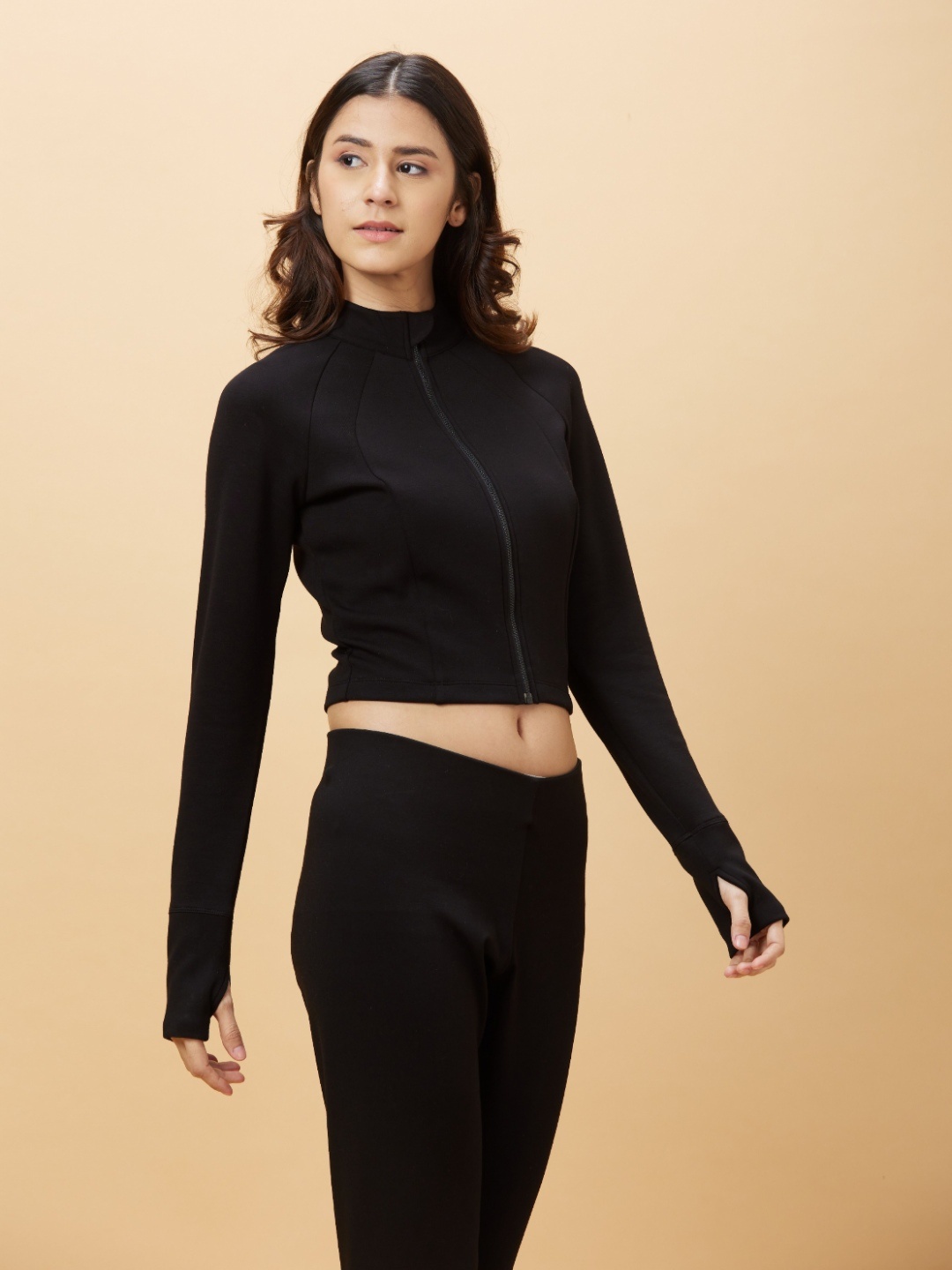 

Being Human Women Colourblocked High Neck Pockets Slim Fit T-shirt, Black