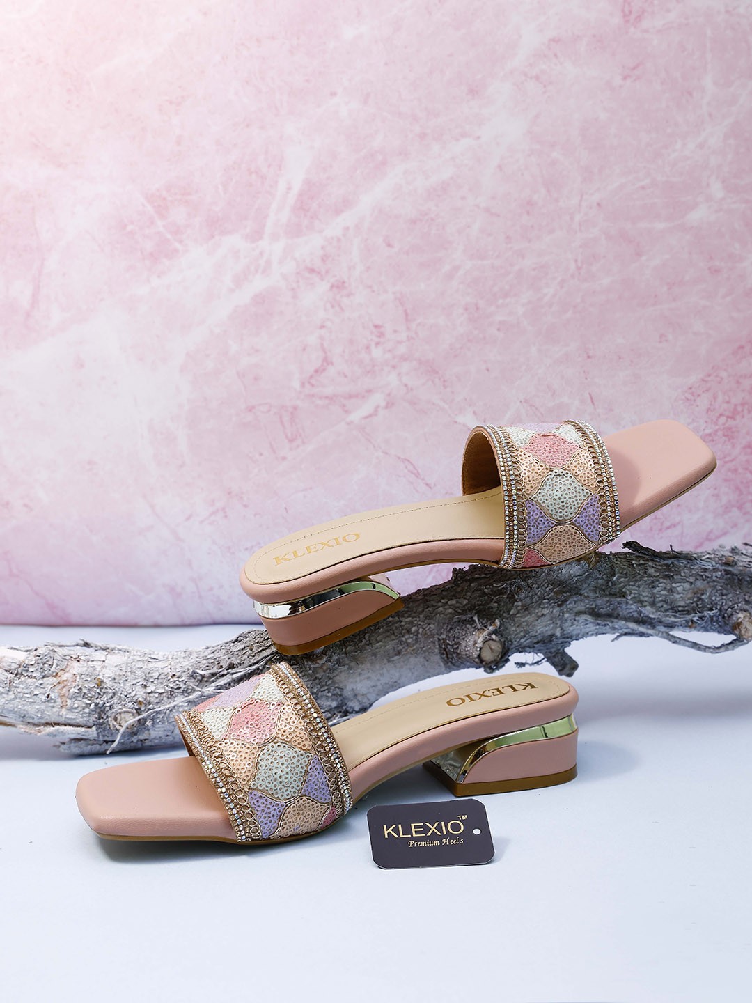 

KLEXIO Printed Party Block Mules, Peach
