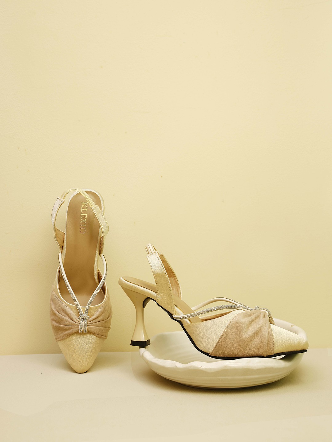 

KLEXIO Suede Party Slim Heeled Pumps with Bows, Cream