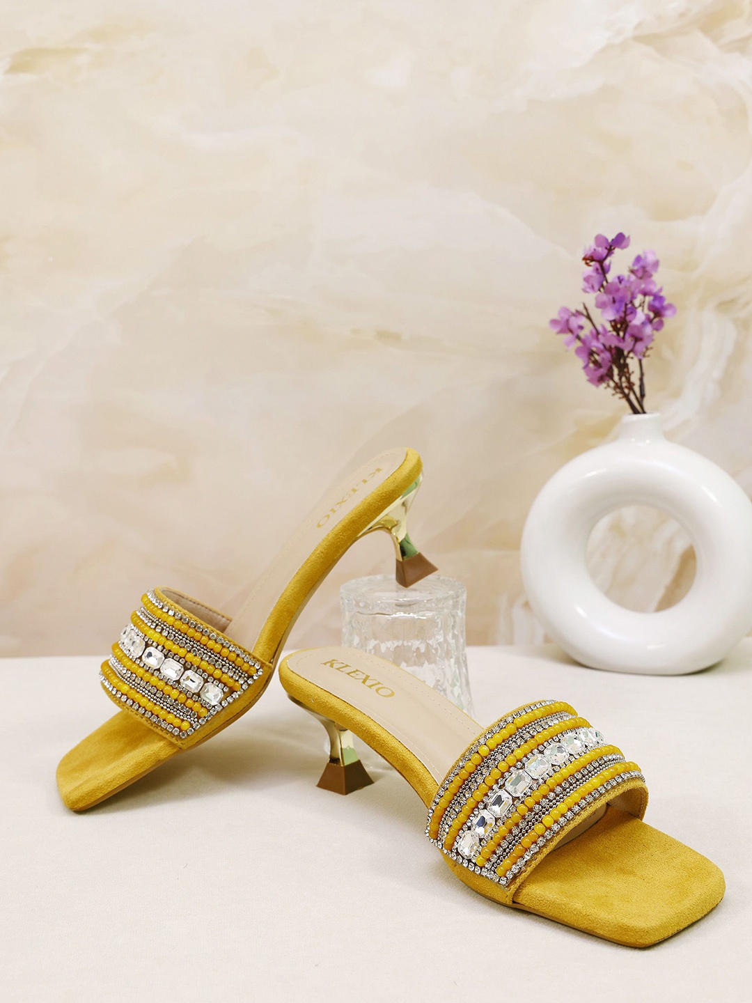 

KLEXIO Suede Party Block Pumps, Yellow