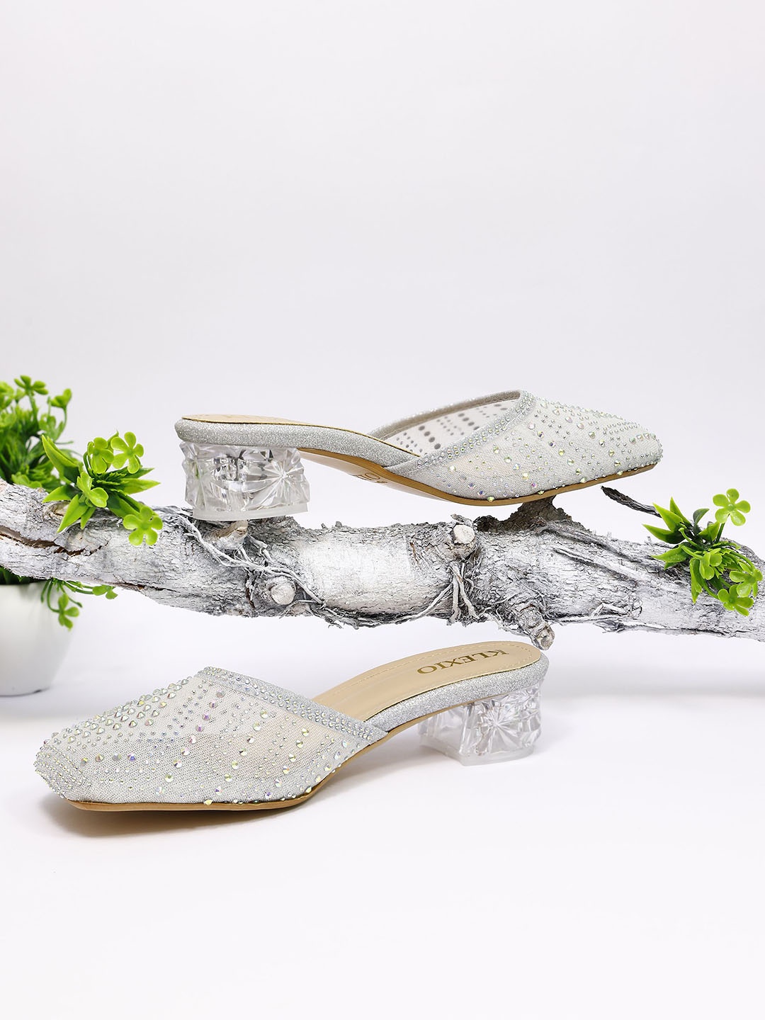 

KLEXIO Embellished Party Block Mules, Off white