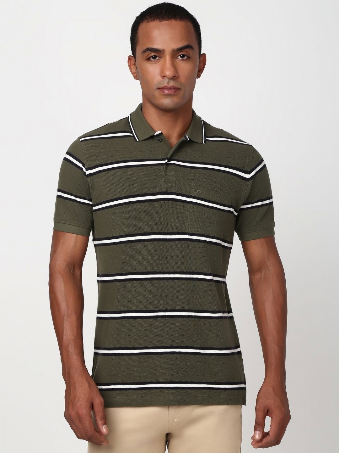 

Peter England Men Striped Polo Collar Pockets T-shirt, Olive