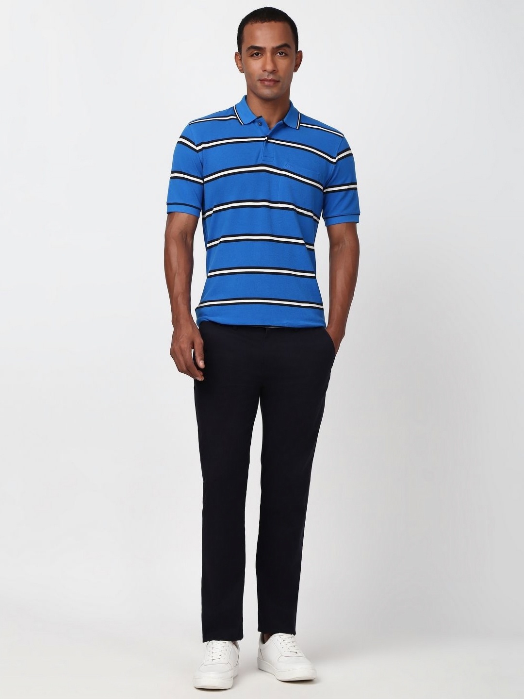 

Peter England Men Striped Polo Collar Pockets T-shirt, Blue
