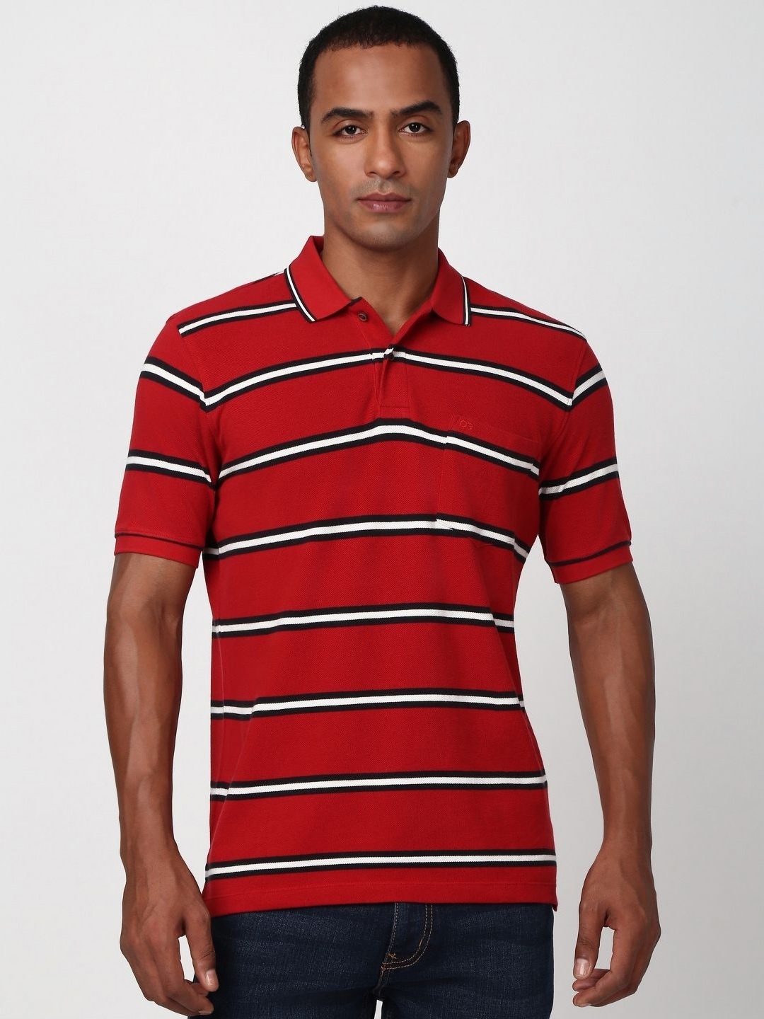 

Peter England Men Striped Polo Collar Pockets T-shirt, Red
