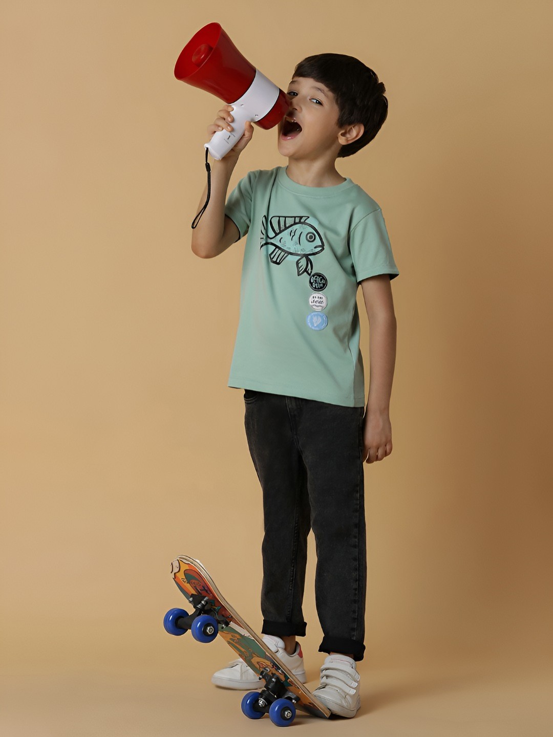 

TALES & STORIES Boys Typography Printed Raw Edge T-shirt, Green