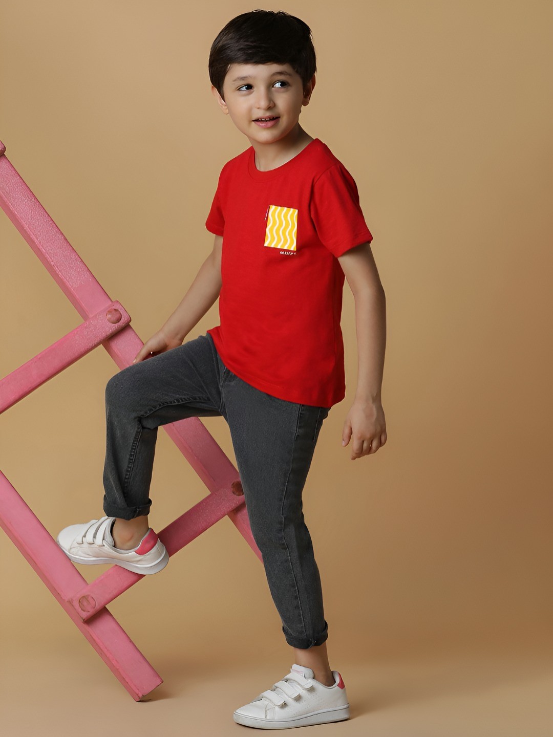 

TALES & STORIES Boys Drop-Shoulder Sleeves Pockets T-shirt, Red
