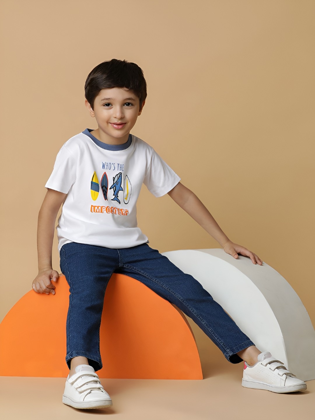 

TALES & STORIES Boys Varsity Printed Raw Edge T-shirt, White