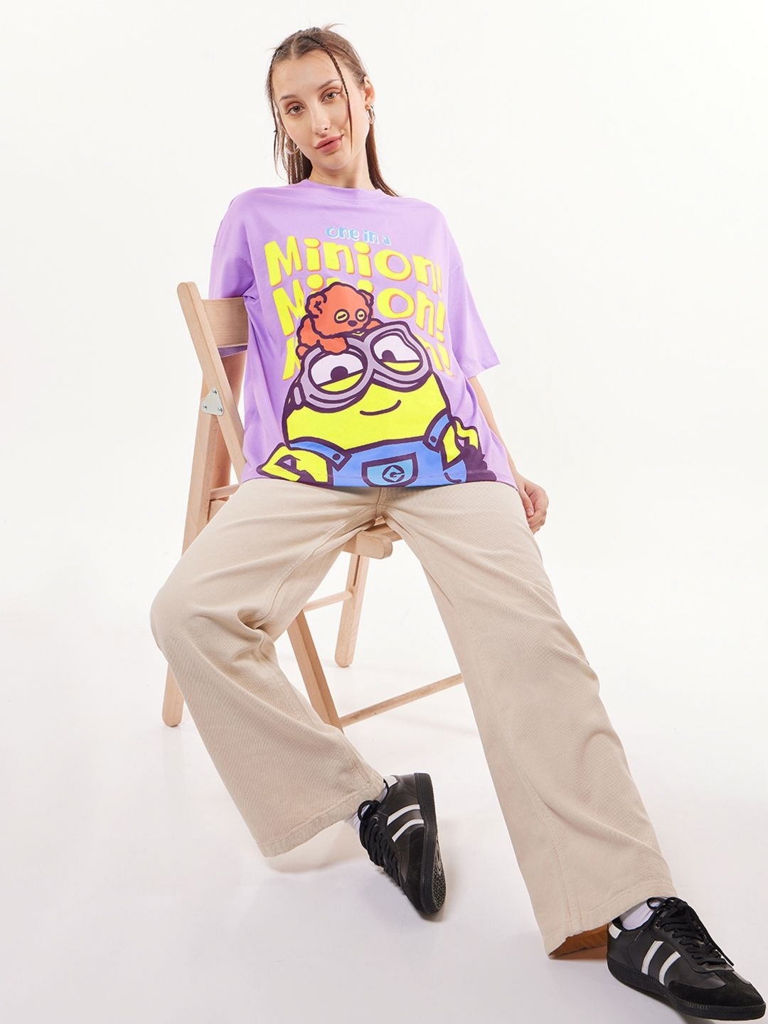 

Bewakoof Women Minions Graphic Printed Pure Cotton Oversized T-shirt, Purple