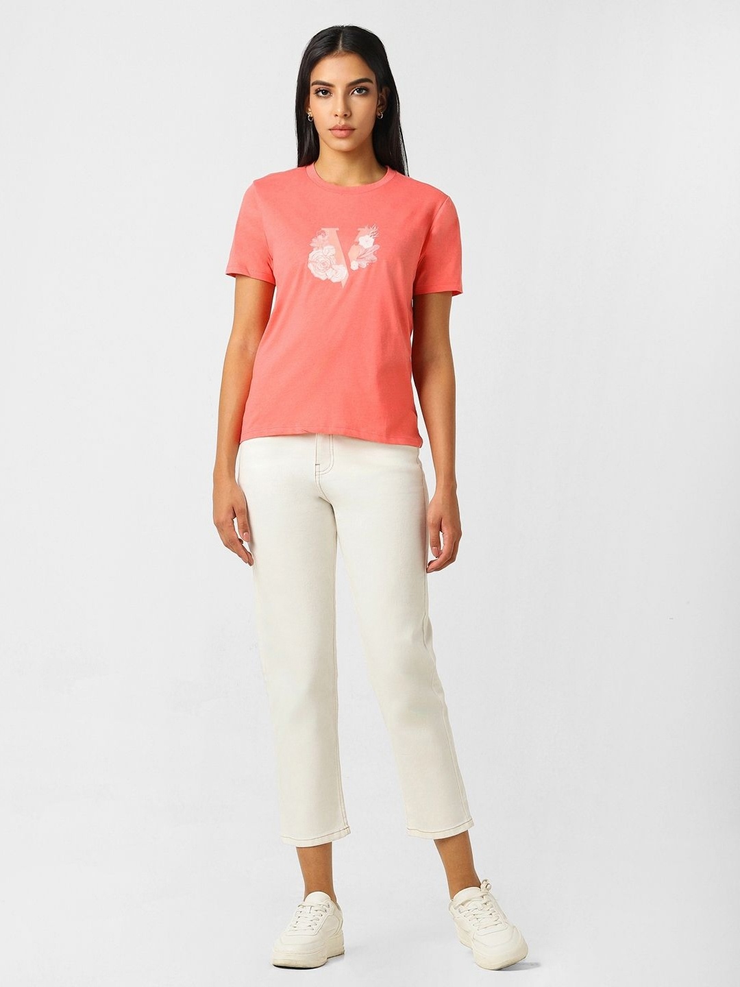 

Van Heusen Woman Women Floral Printed Applique T-shirt, Peach