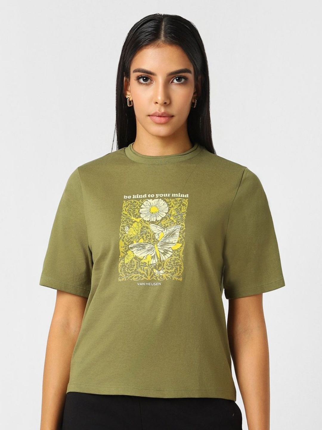 

Van Heusen Woman Women Typography Printed Applique T-shirt, Olive