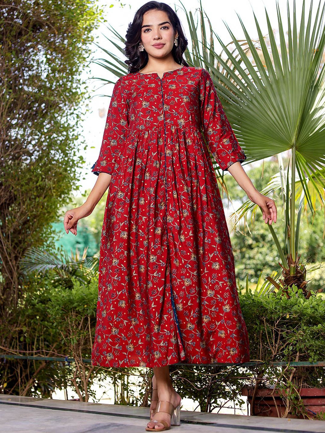

VASVI Printed Flared Ethnic Maxi Dresses, Red
