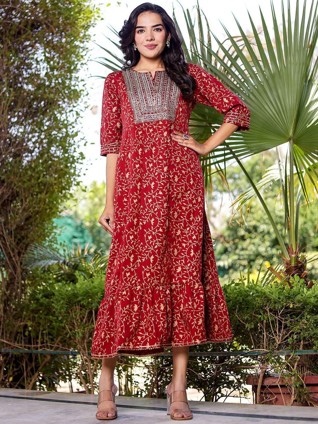 

VASVI Embroidered Maxi Ethnic Dress, Red