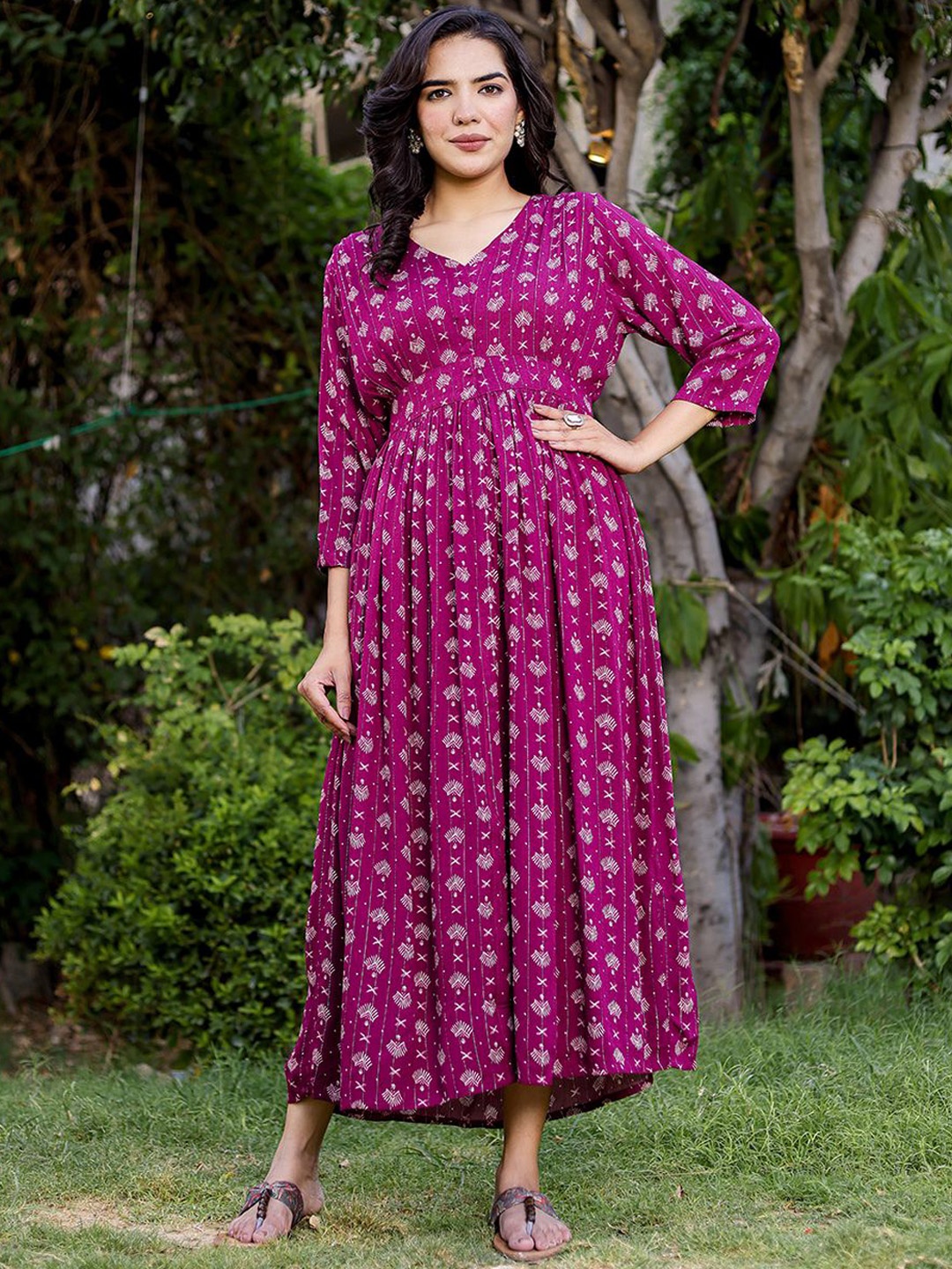 

VASVI Printed Flared Midi Dress, Burgundy