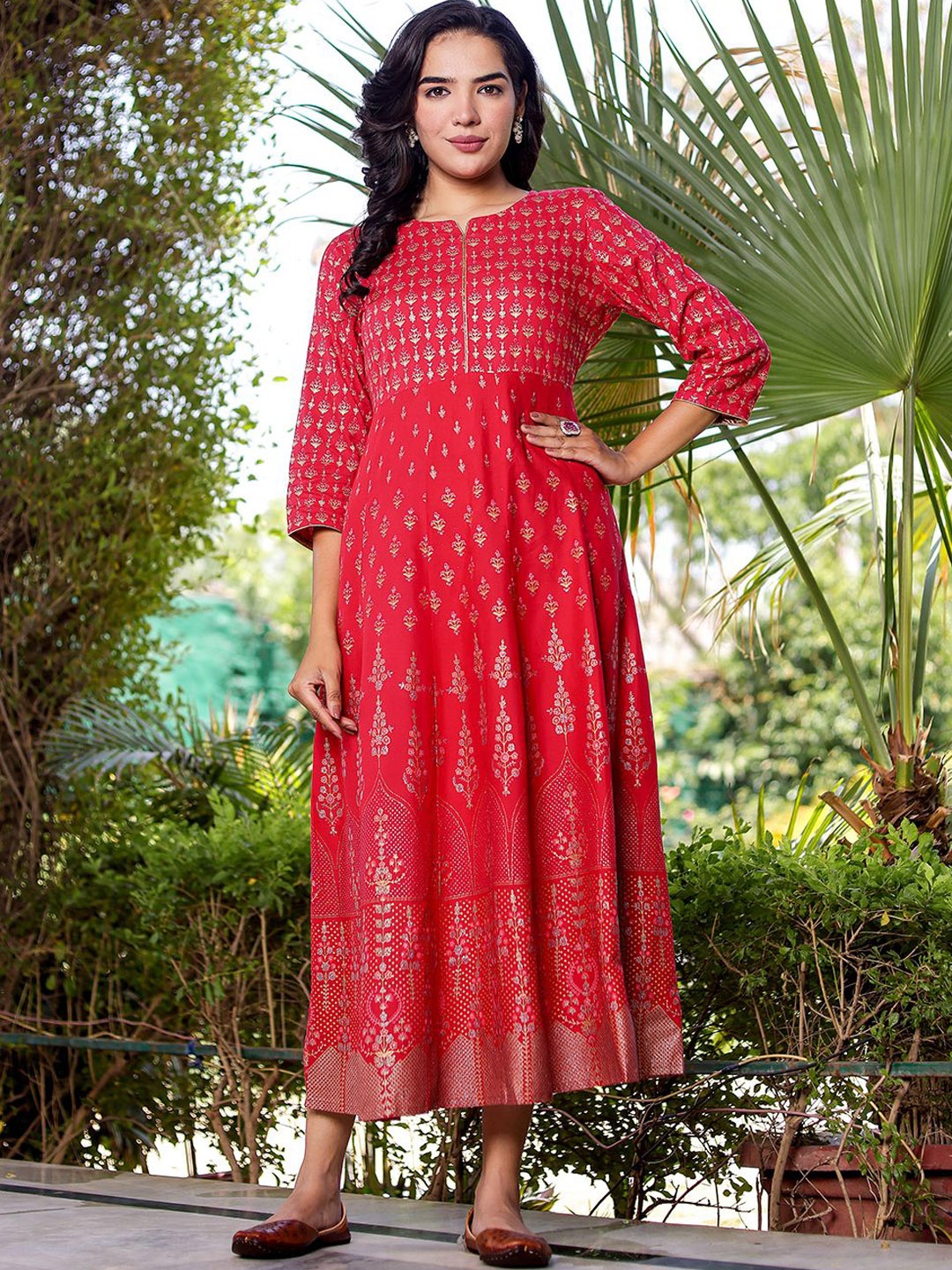 

VASVI Printed Flared Maxi Ethnic Dresses, Pink