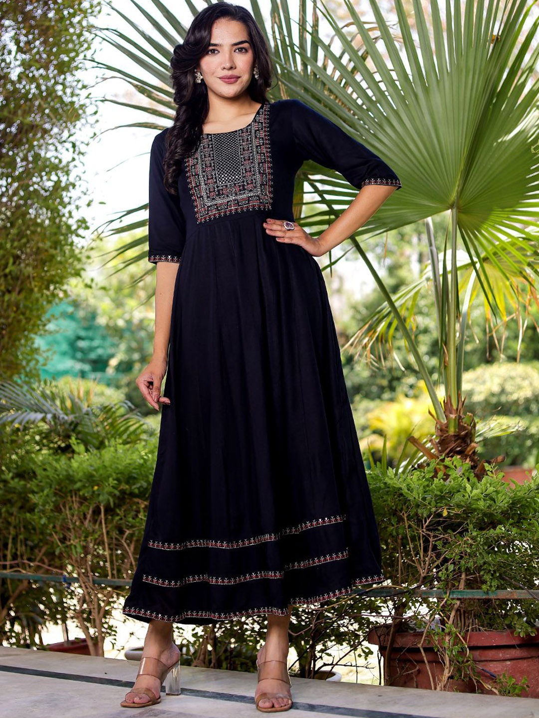 

VASVI Embroidered Maxi Ethnic Dress, Black