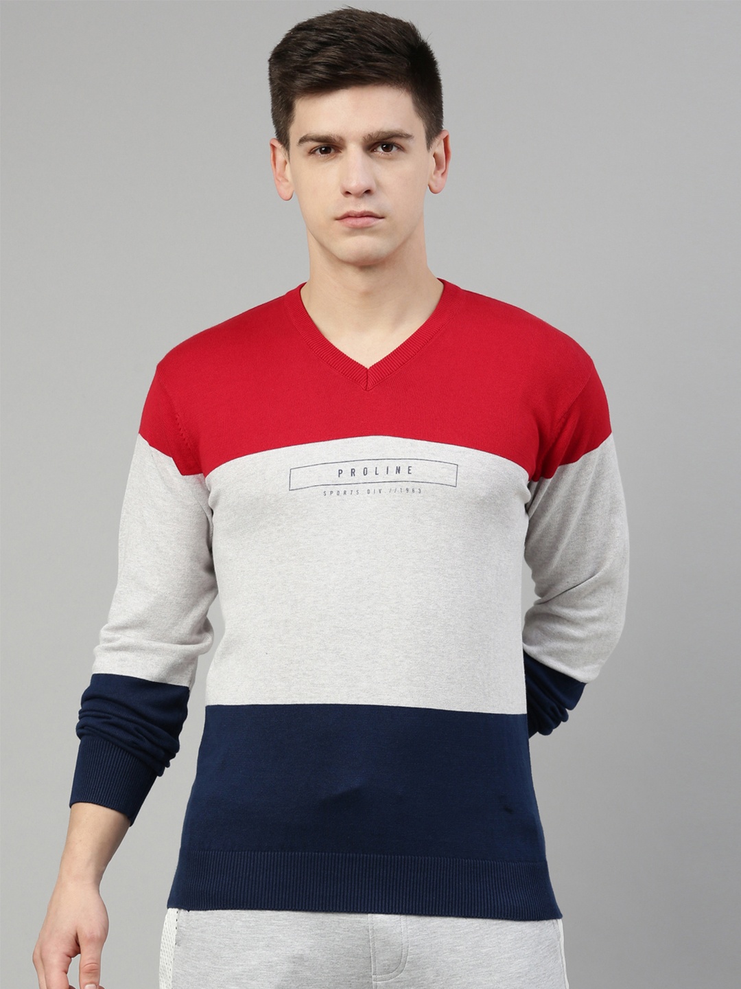

Proline Men Colourblocked Striped Woollen Pullover, Red