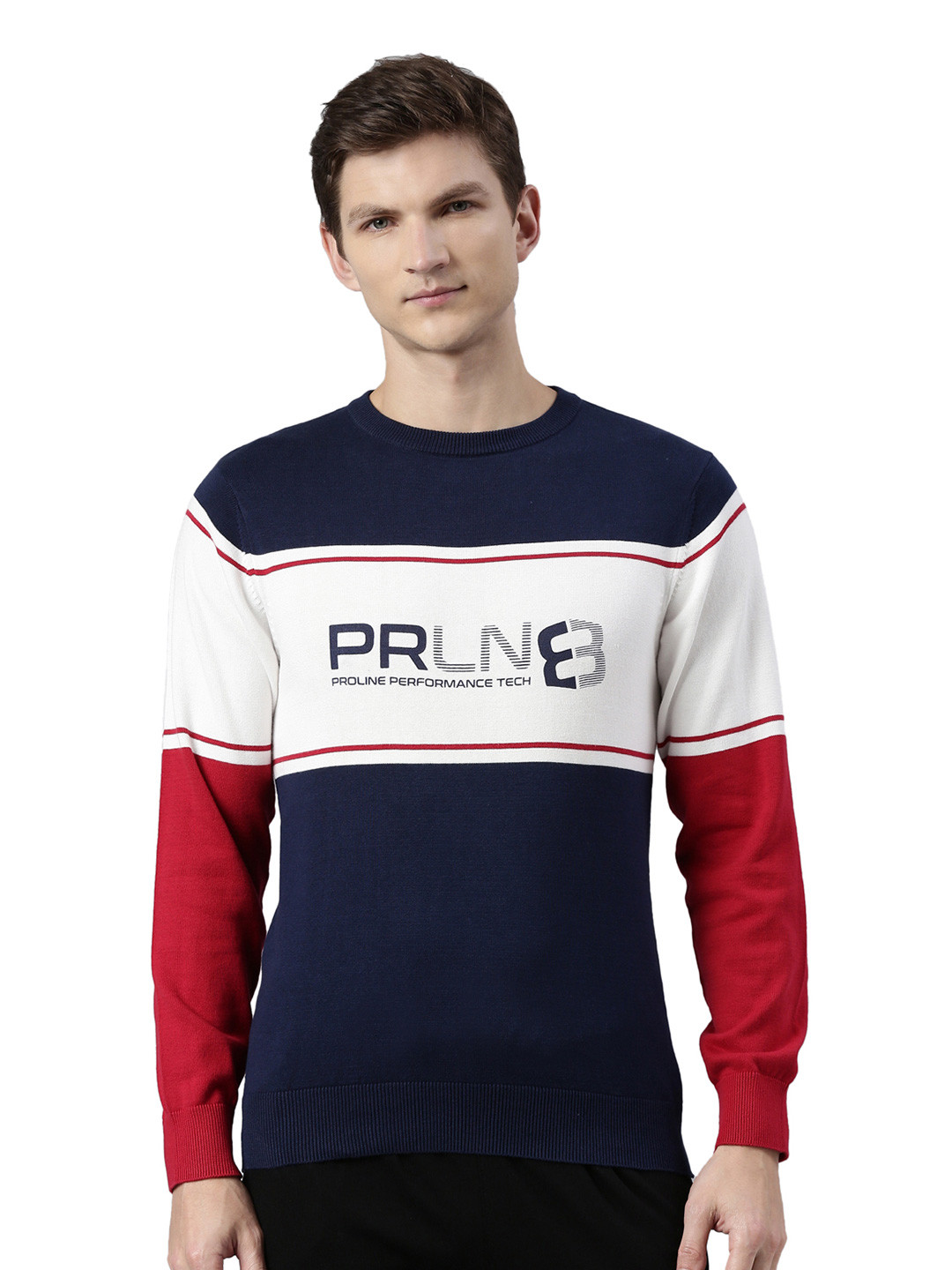 

Proline Men Colourblocked Striped Woollen Pullover, Blue