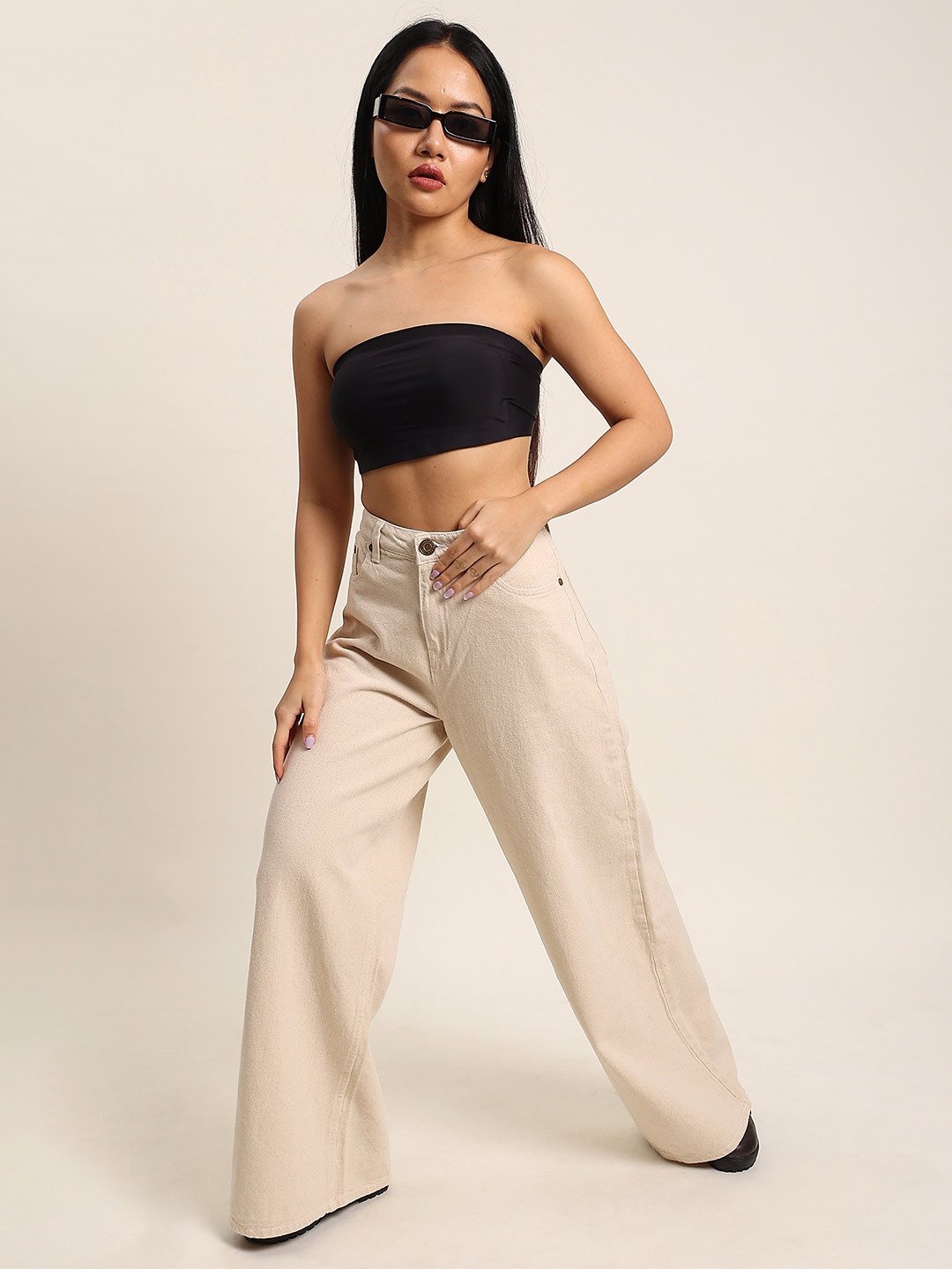 

Bene Kleed Women Wide Leg High-Rise Jeans, Beige