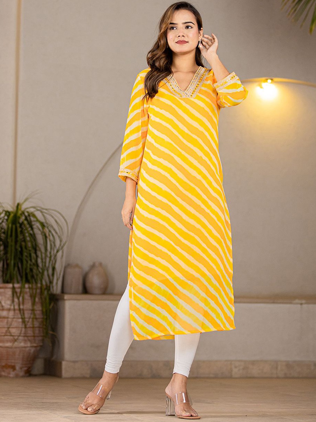

Yufta Women Striped Cold-Shoulder Sleeves Georgette Kurta, Yellow