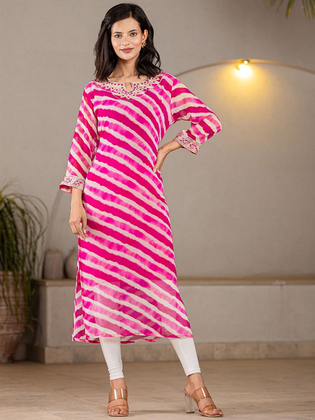 

Yufta Women Striped Flared Sleeves Thread Work Georgette Kurta, Pink