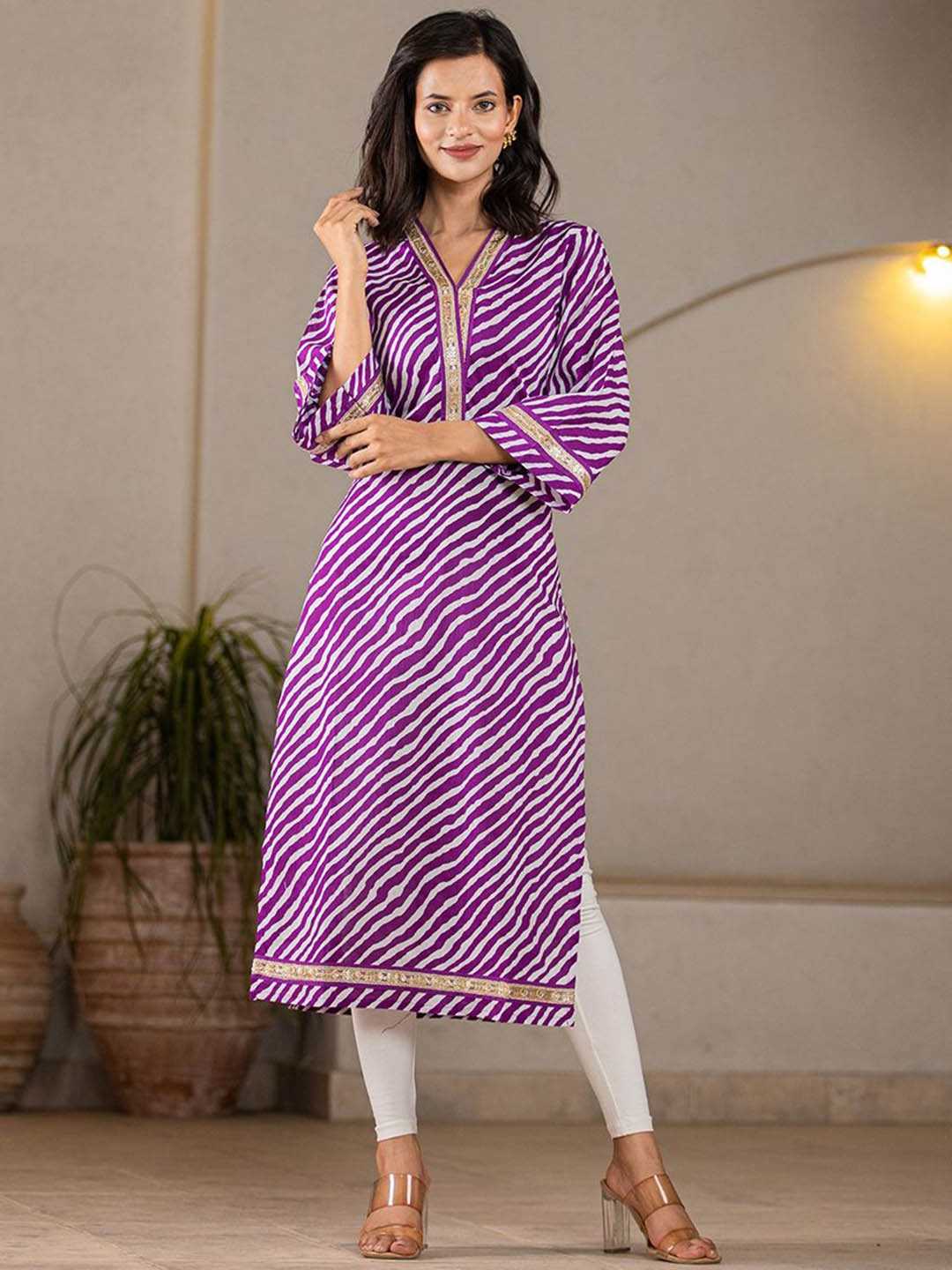 

Yufta Women Geometric Striped Flared Sleeves Mirror Work Kurta, Purple