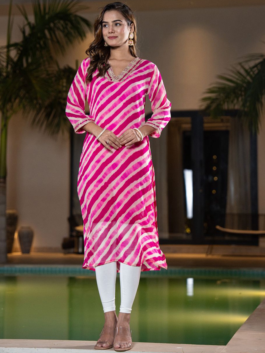 

Yufta Women Printed Thread Work Georgette Kurta, Pink